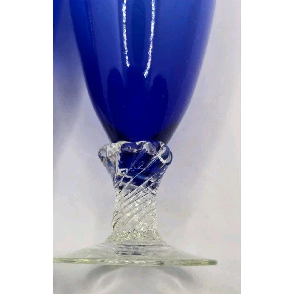 Hand Blown Murano Art Cobalt Blue Encased Opulescent Ruffled Swirl Glass Vase